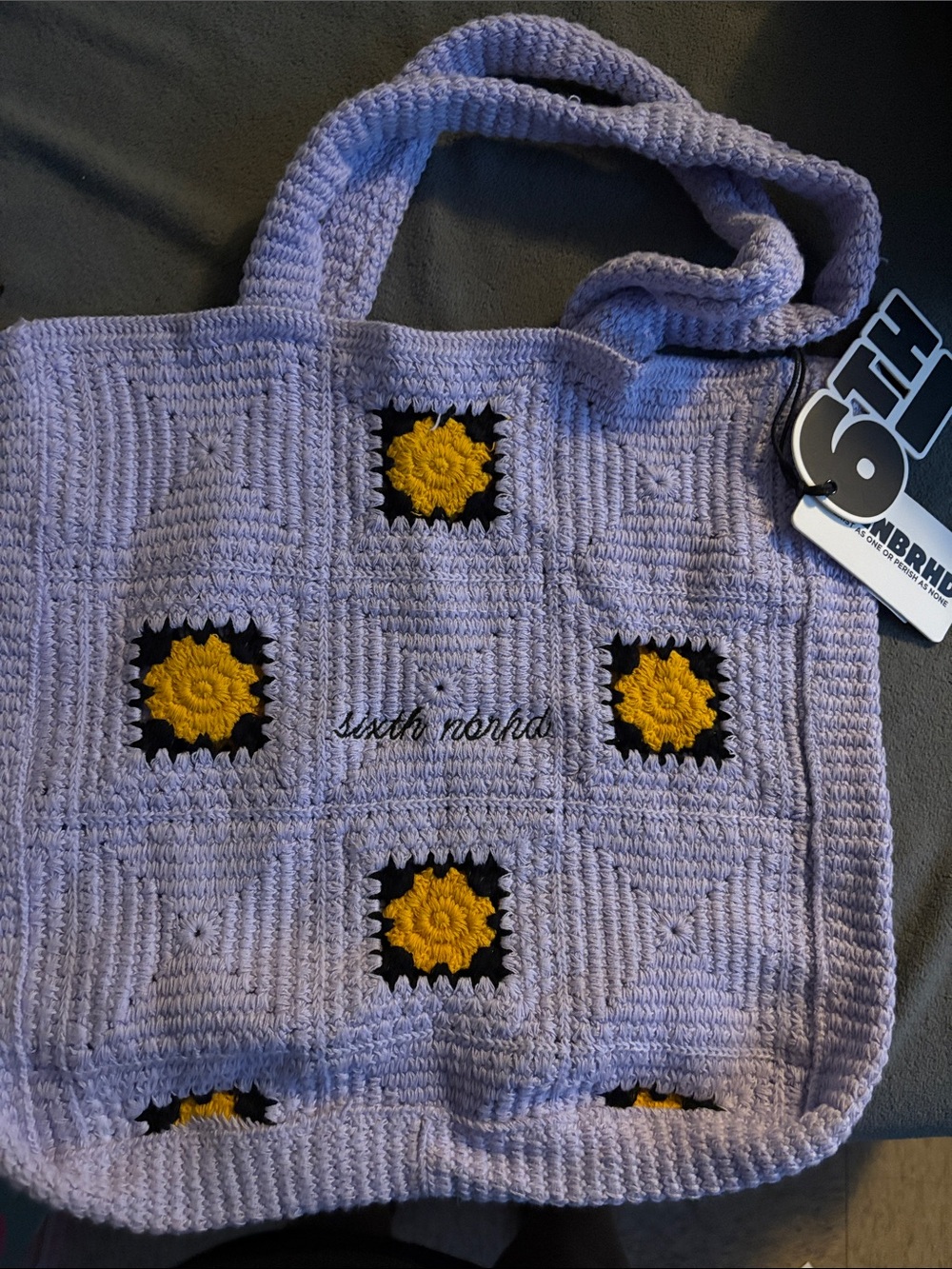 6th Neighborhood Lilac Crochet Tote with Yellow Sunflower Squares